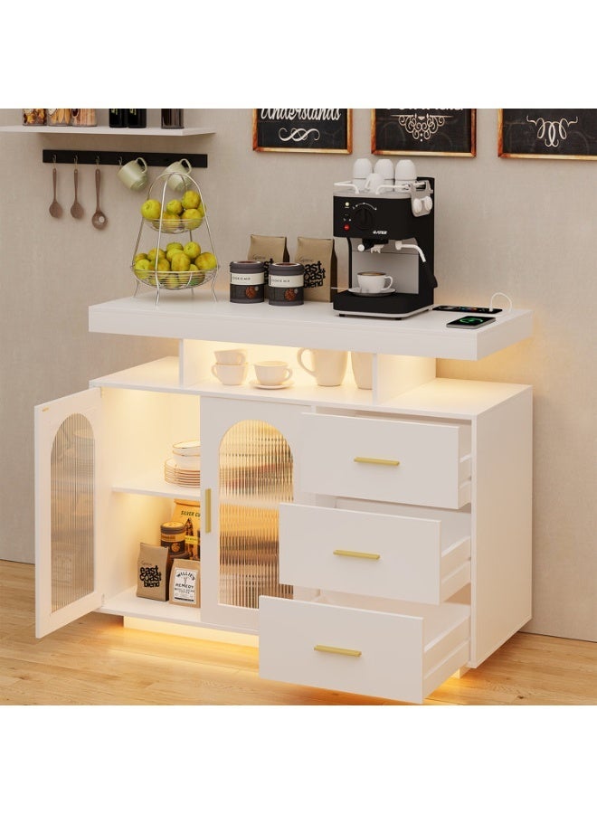 إيليفا هوم خزانة بوفيه جانبية مع مساحة تخزين، 3 أدراج و بابين، مزوّدة بإضاءة استشعار تلقائي بـ 20 لون، وطاولة كونسول مع محطة شحن، تحكّم باللمس، مناسبة كطاولة قهوة أو بار للمطبخ وغرفة الطعام  ,لون أبيض - Image 4